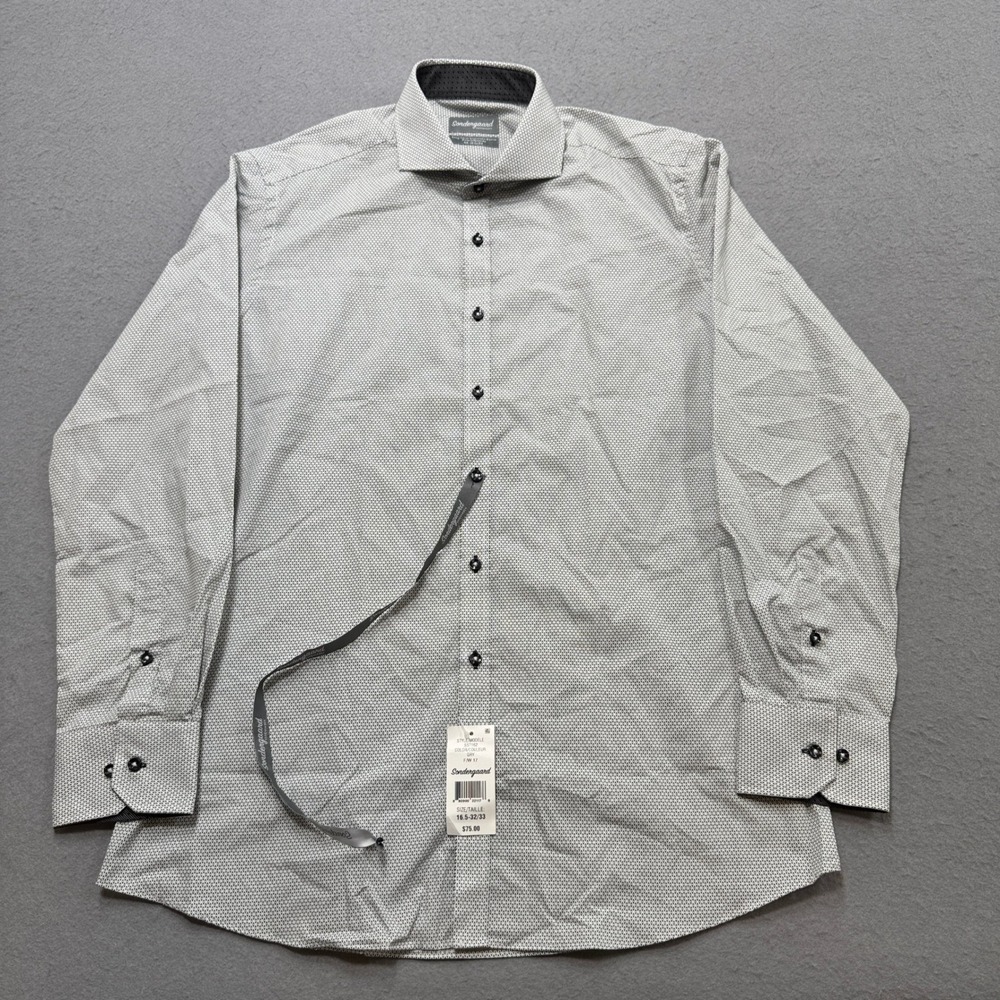 NEW Sondergaard Dress Shirt Men's 16.5 32/33 Grey Geometric Easy Care Fitted